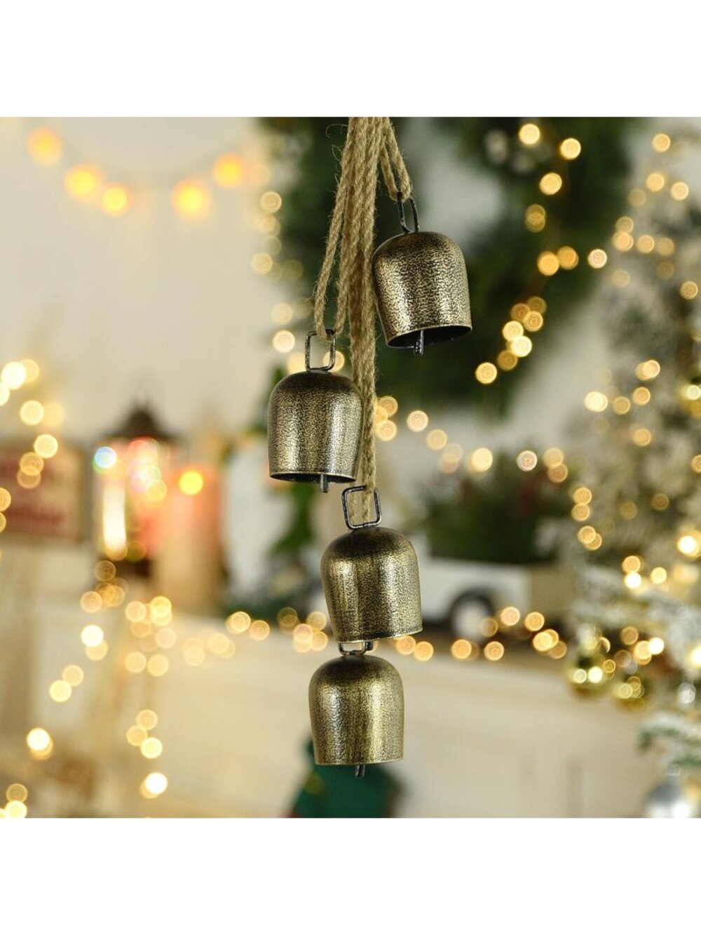 New Christmas Hanging Gold Metal Bells with Jute Rope for Tree Decor